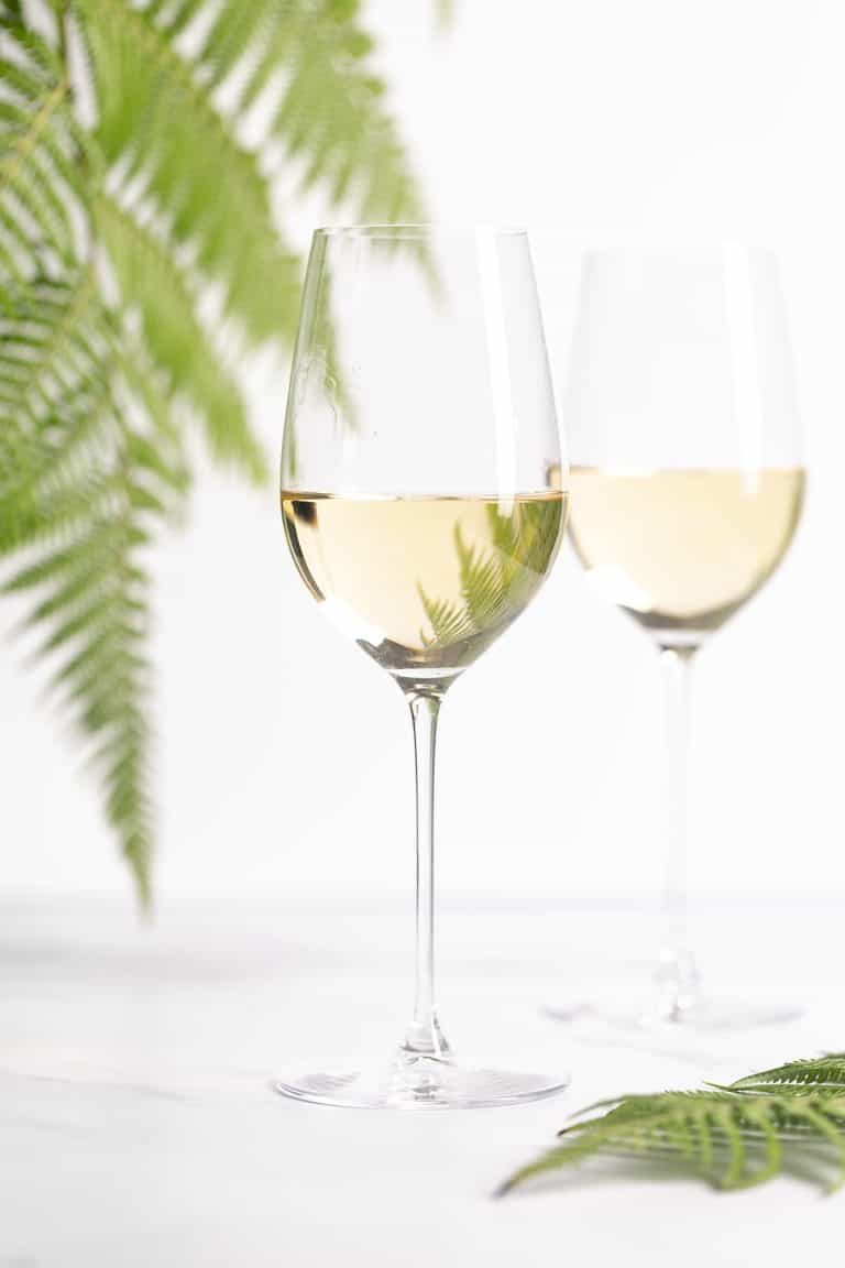 Two stemmed wine glasses with Sauvignon Blanc in front of a fern.