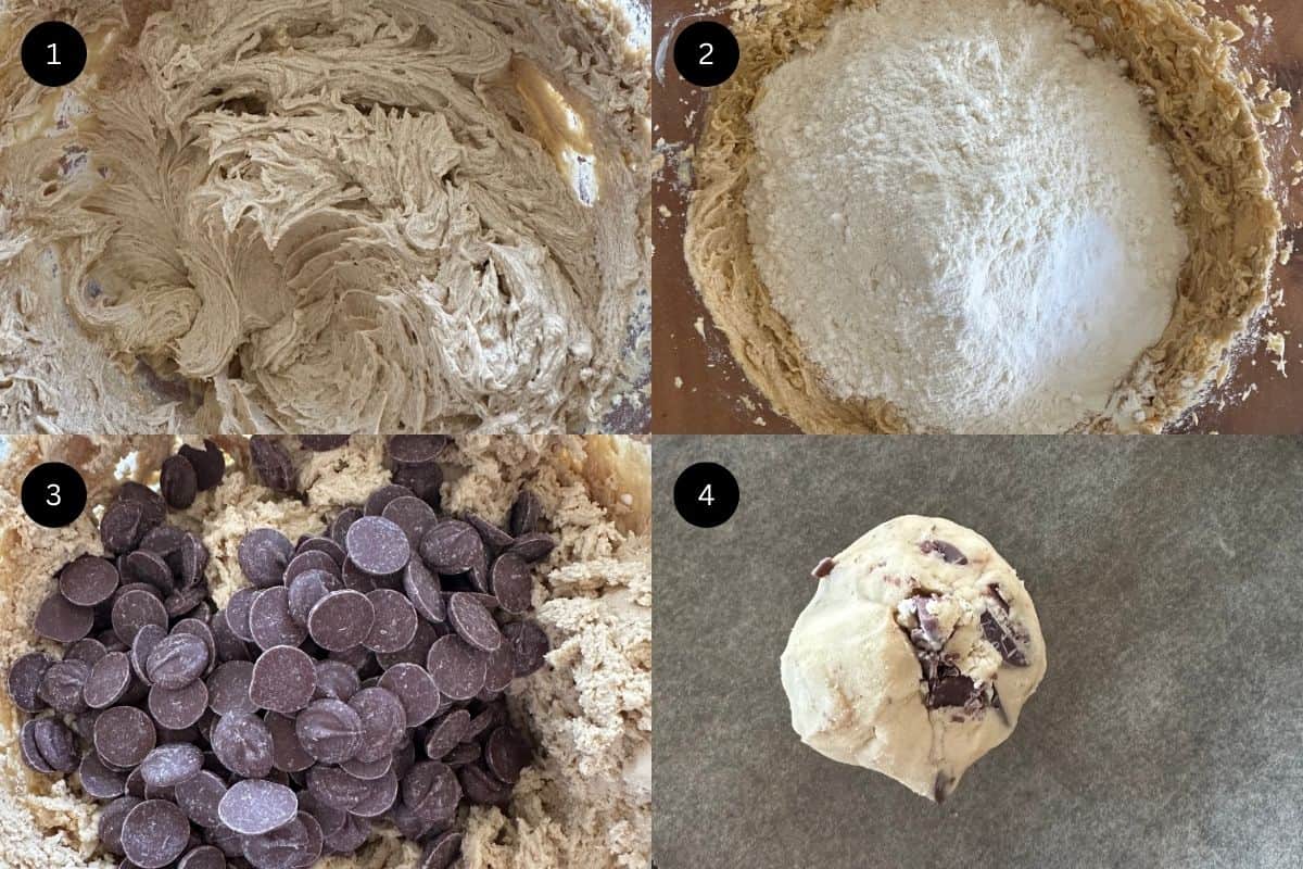 Steps 1-4 on how to make a chocolate chip cookie.