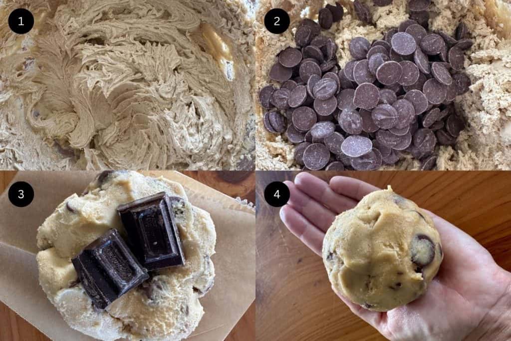 Steps 1-4 on how to make giant chocolate stuffed cookies.
