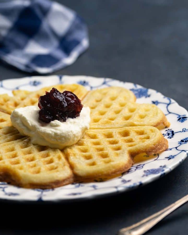 A thin and crispy Swedish waffle on a patterned plate, topped with cream and jam. Moody scene.