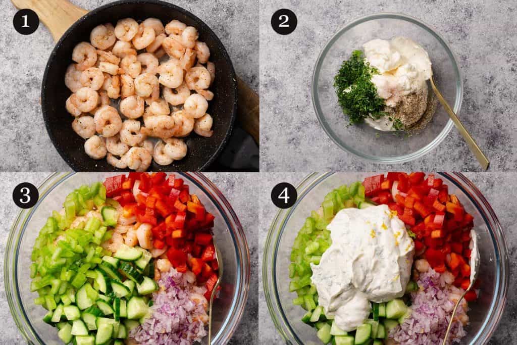 Process photos of shrimp macaroni salad.