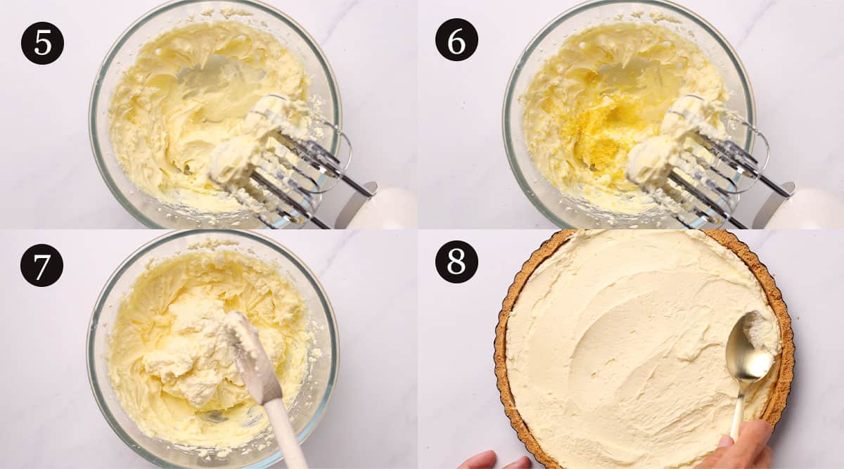 Steps 5-8 of making the lemon blueberry cheesecake.