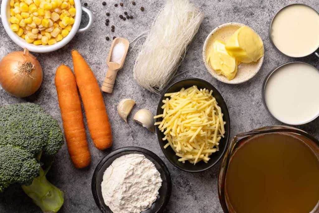 Ingredients to make broccoli cheese soup with noodles.
