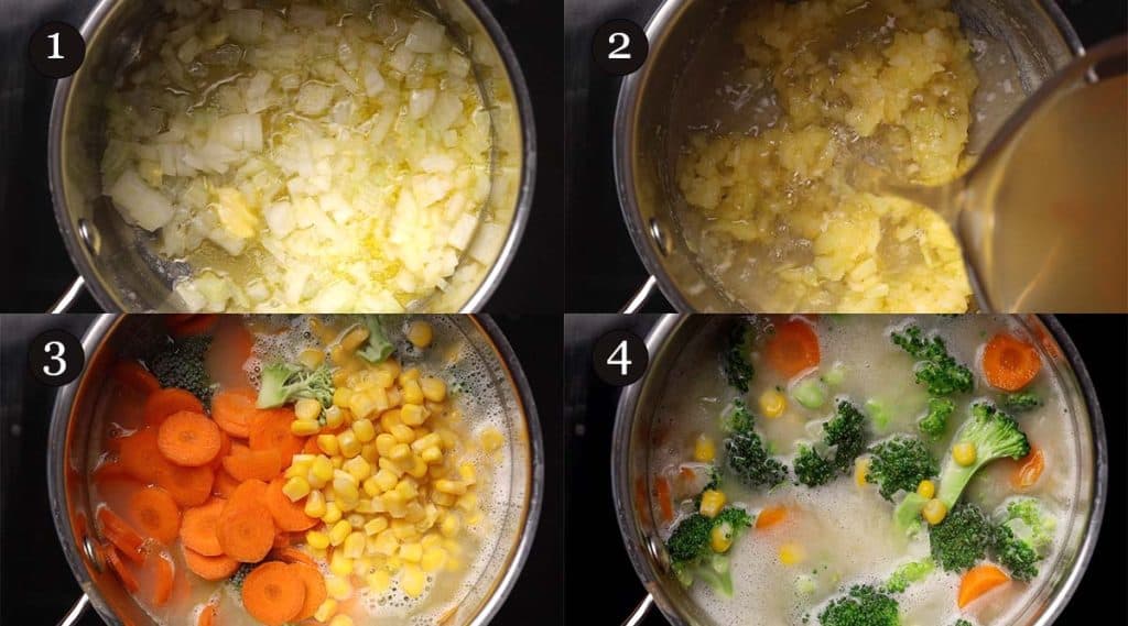 Process steps to make broccoli cheese soup with noodles.