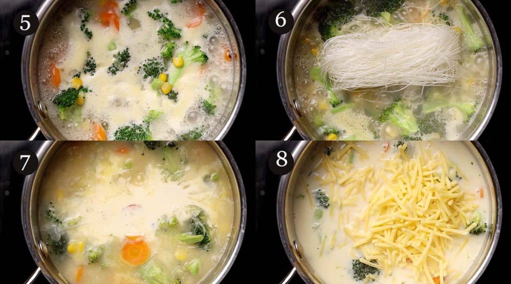 Process steps to make broccoli cheese soup with noodles.