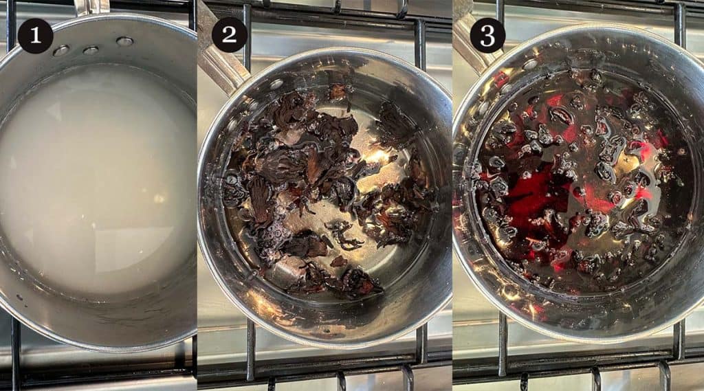 Steps 1-3 to make homemade hibiscus syrup.