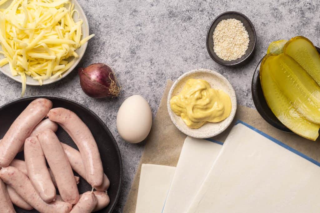 Ingredients to make puff pastry hot dogs.