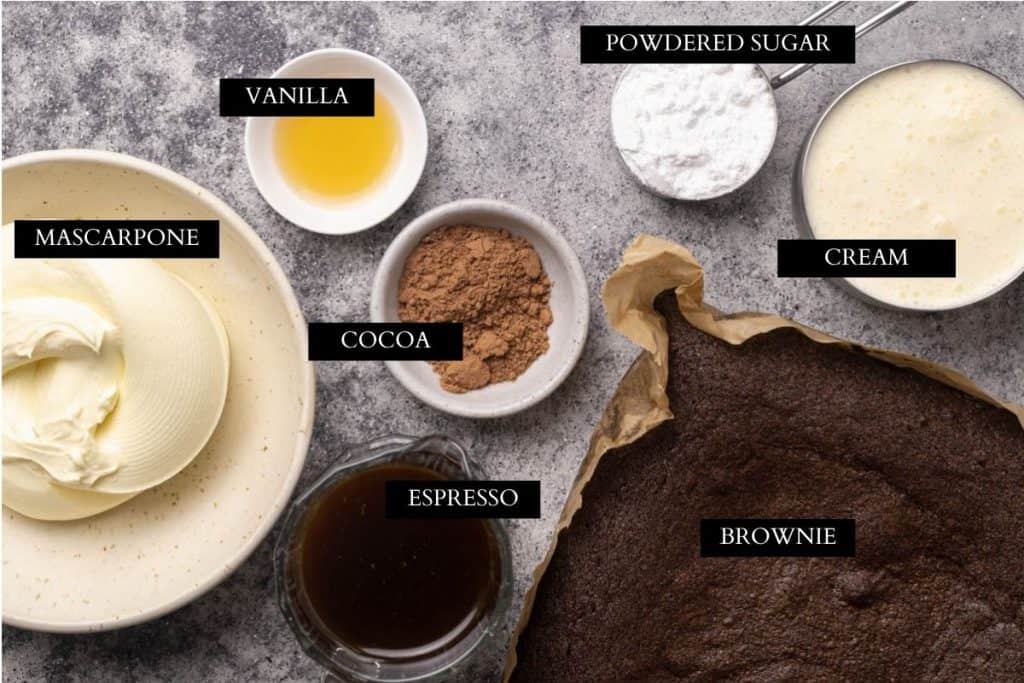 Ingredients needed to make chocolate tiramisu.