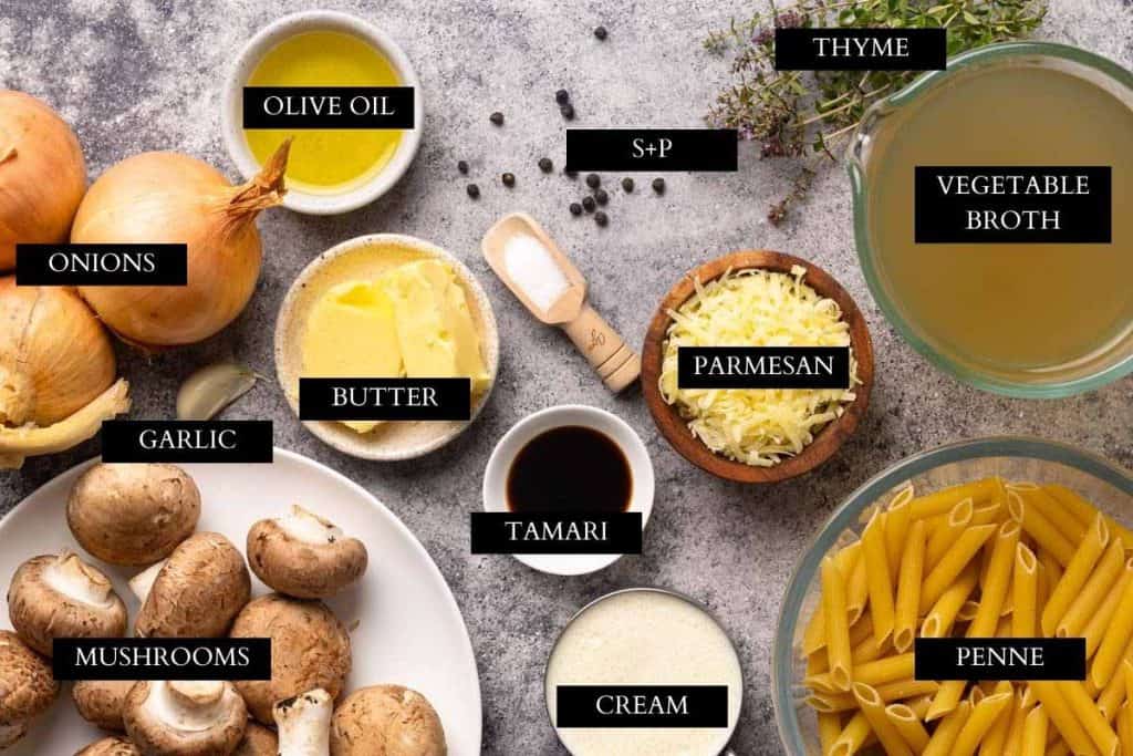 Ingredients used to make French onion pasta.