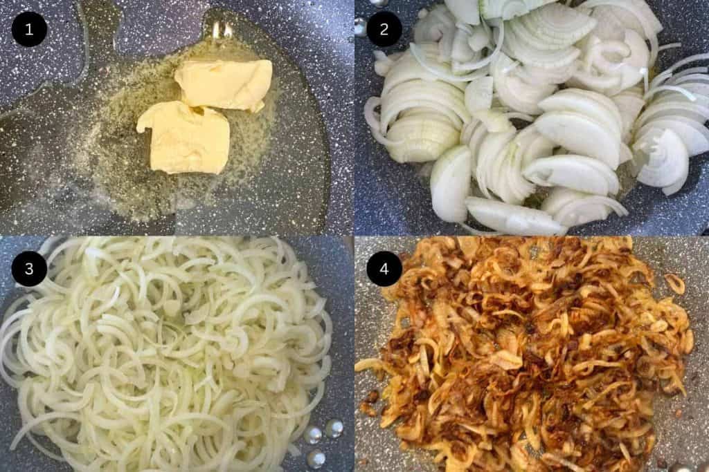 Steps 1-4 to make French onion pasta.