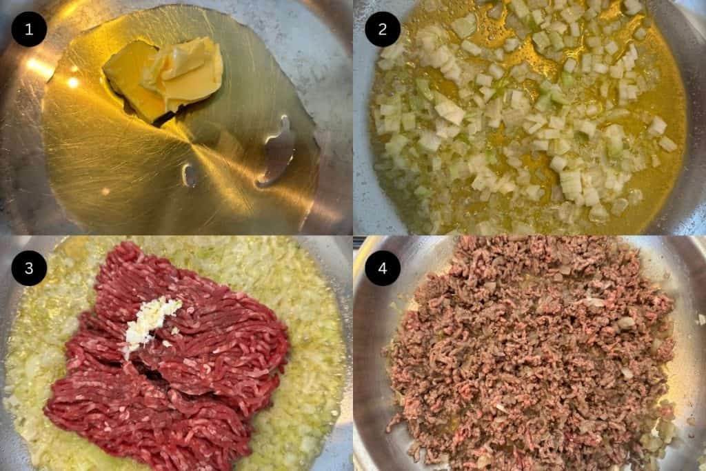 Steps 1-4 to make ground beef Alfredo pasta.