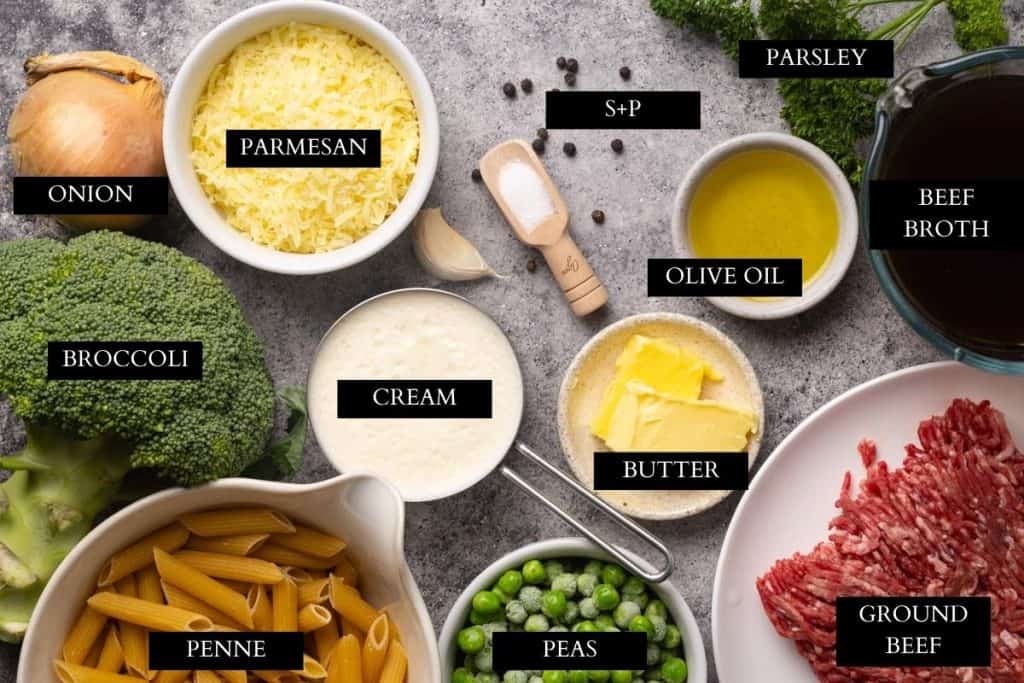 Ingredients to make ground beef Alfredo pasta.