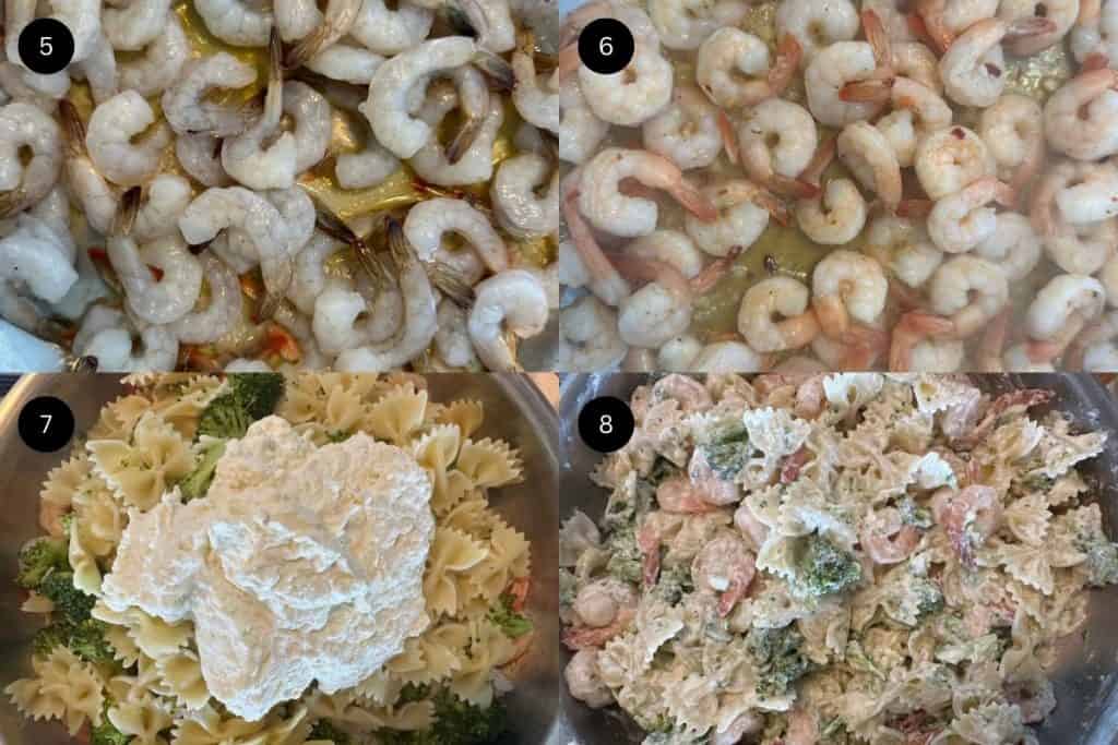Steps 5-8 to make shrimp broccoli pasta.
