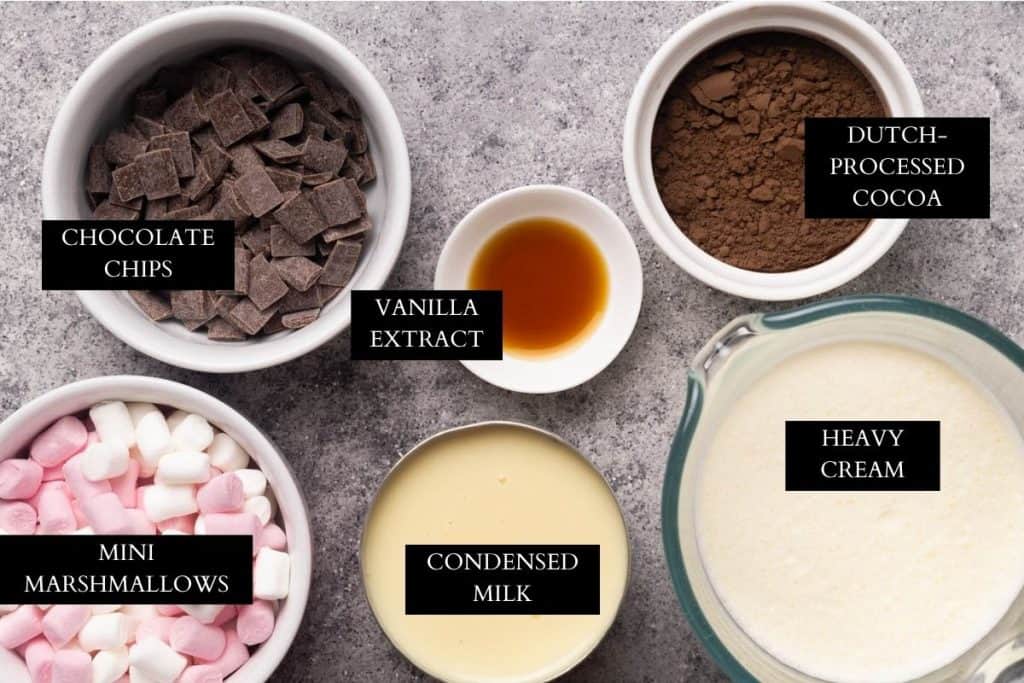 Ingredients needed to make chocolate marshmallow ice cream.
