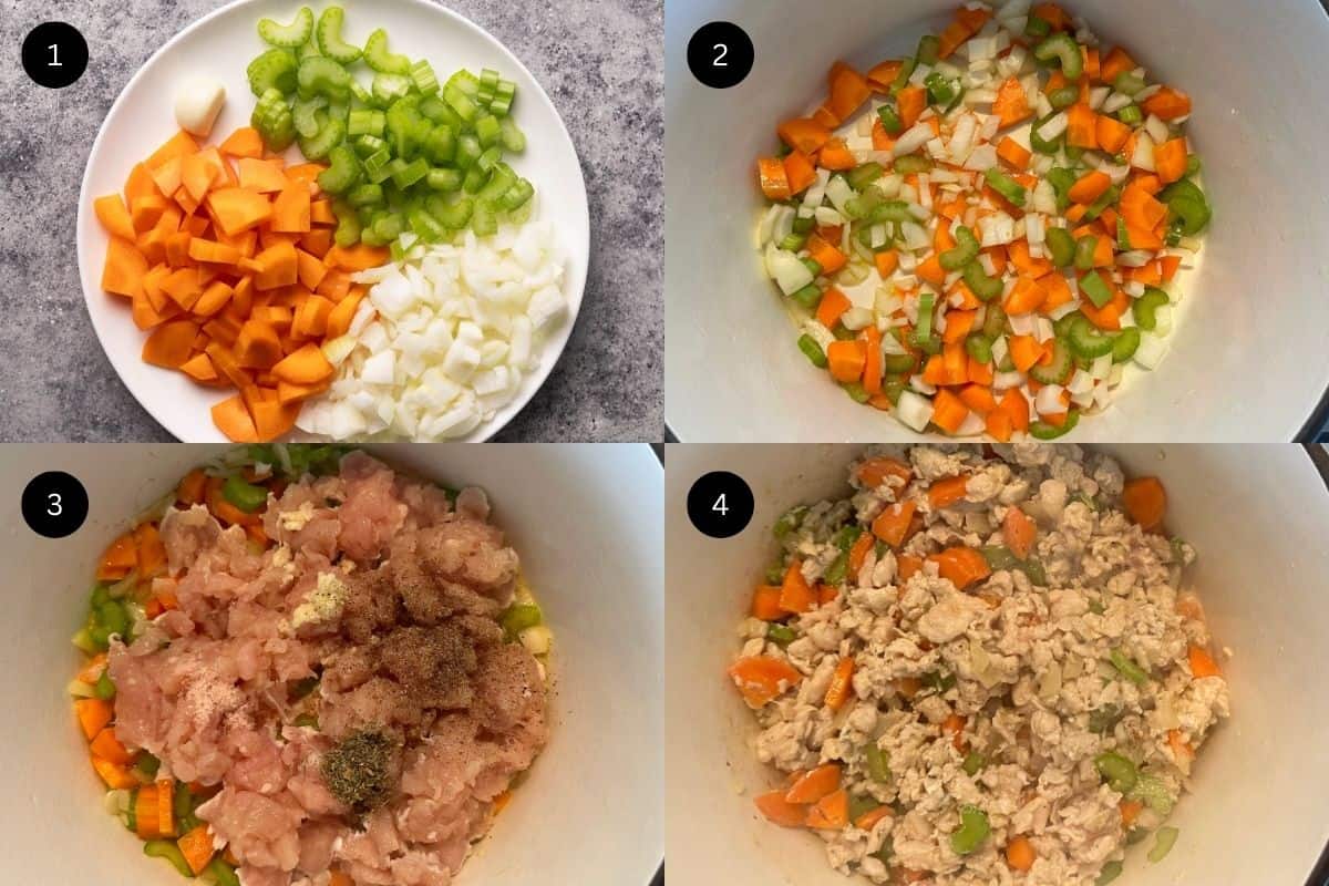 Steps 1-4 showing how to make chicken noodle soup.