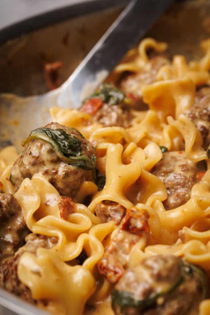 Close-up of marry me meatball pasta in a pan.