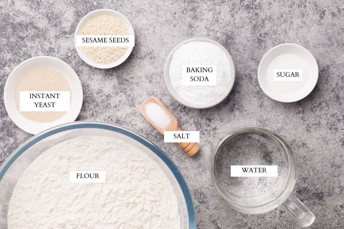 Ingredients laid out to make pretzel bagels.