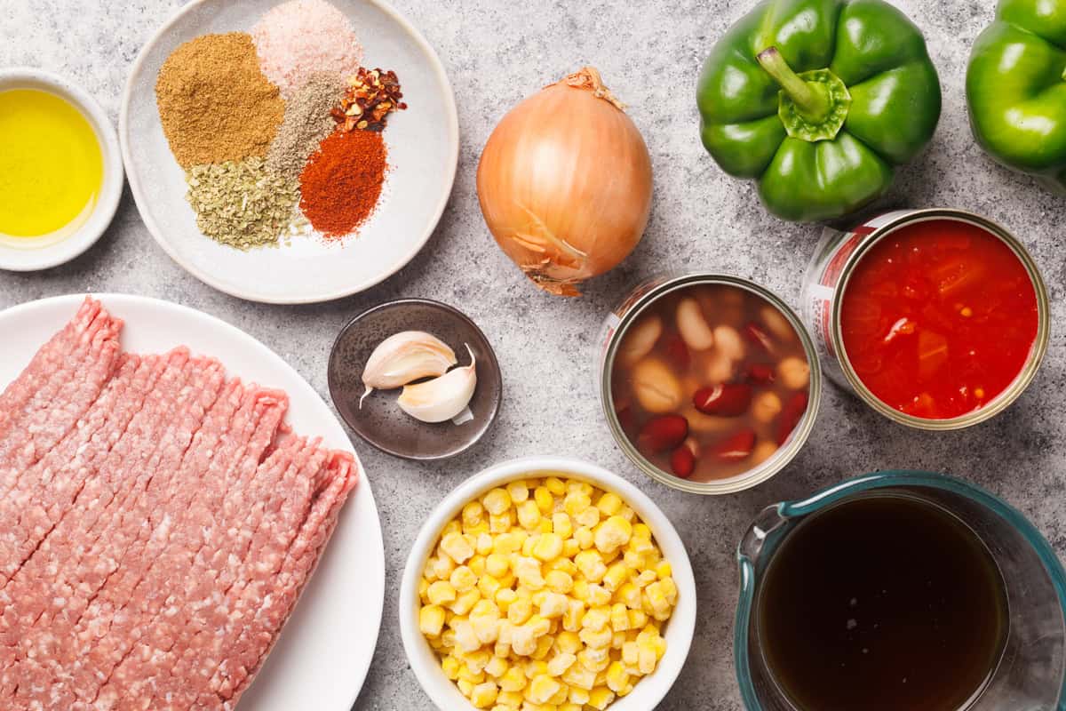 Ingredients laid out to make Dutch Oven chili.