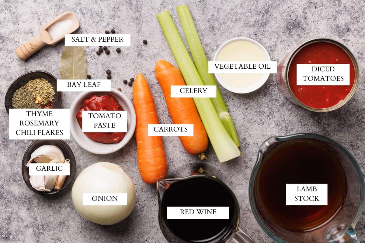 Ingredients laid out to make lamb shanks.