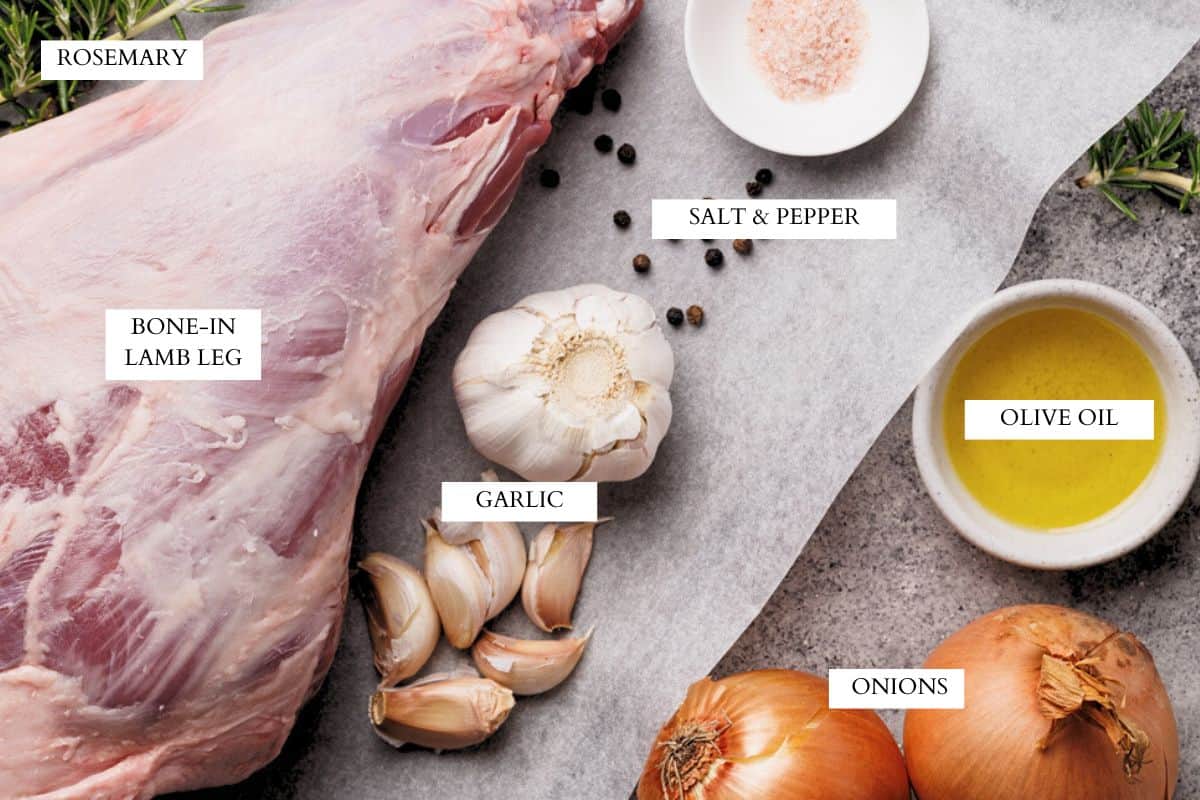 Ingredients laid out to roast a bone-in leg of lamb.