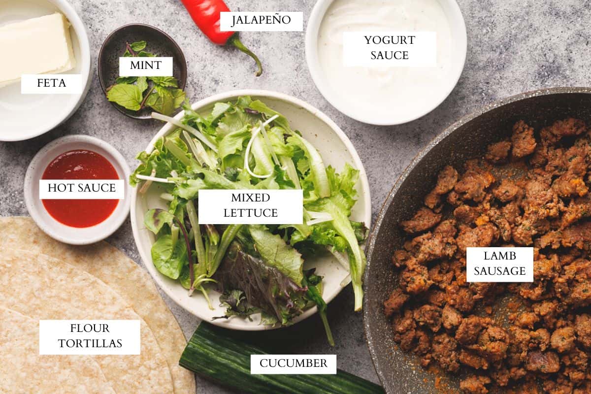 Ingredients laid out to make spicy lamb wraps.