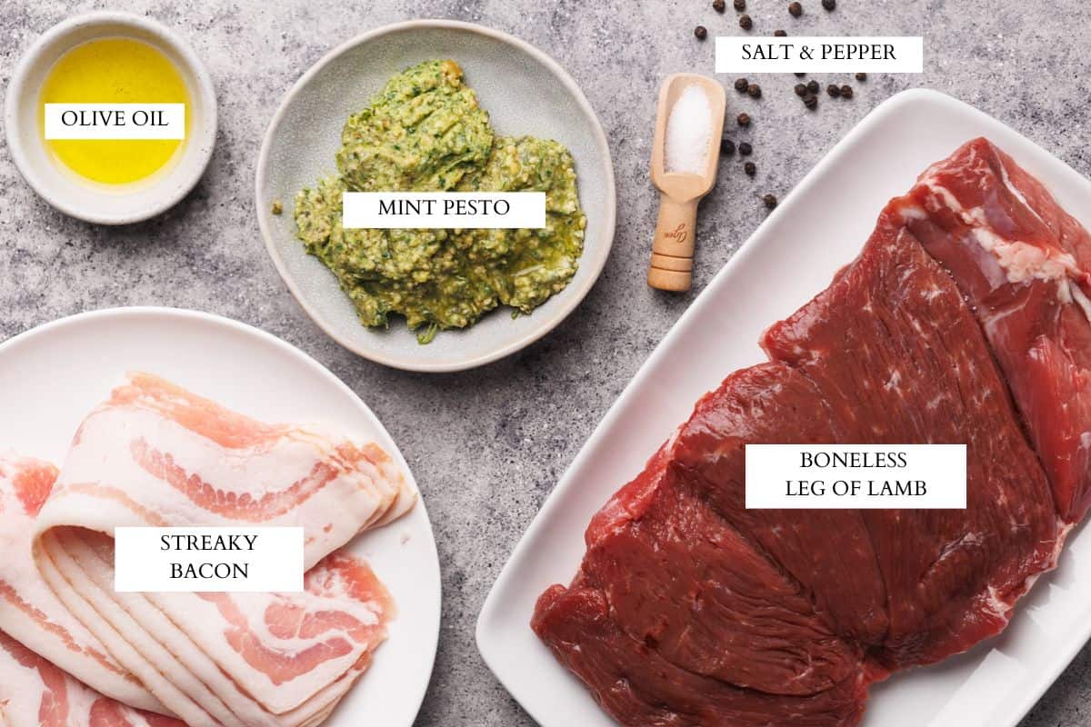 Ingredients laid out to make stuffed lamb leg.