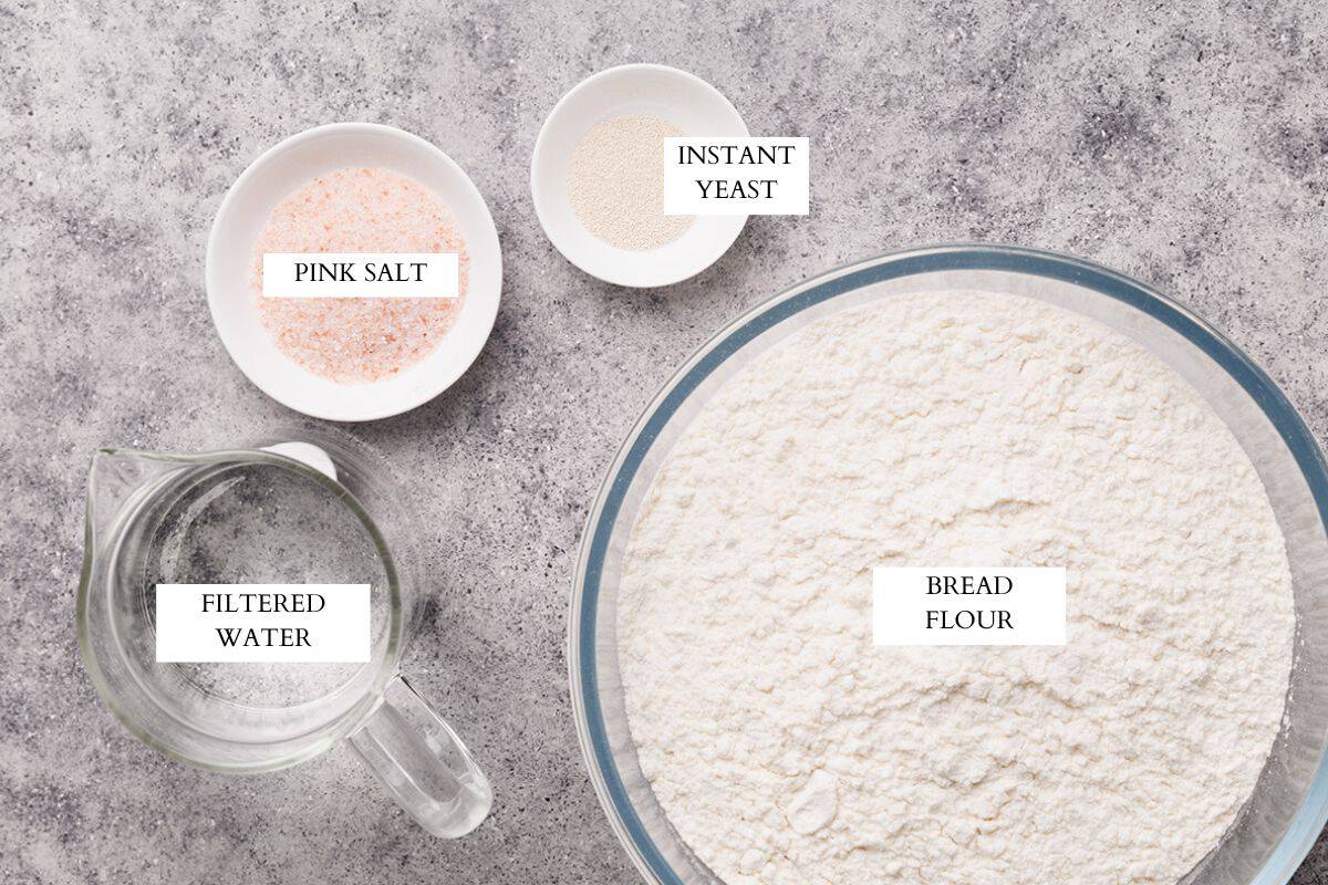 Ingredients laid out to make cold-fermented pizza dough.