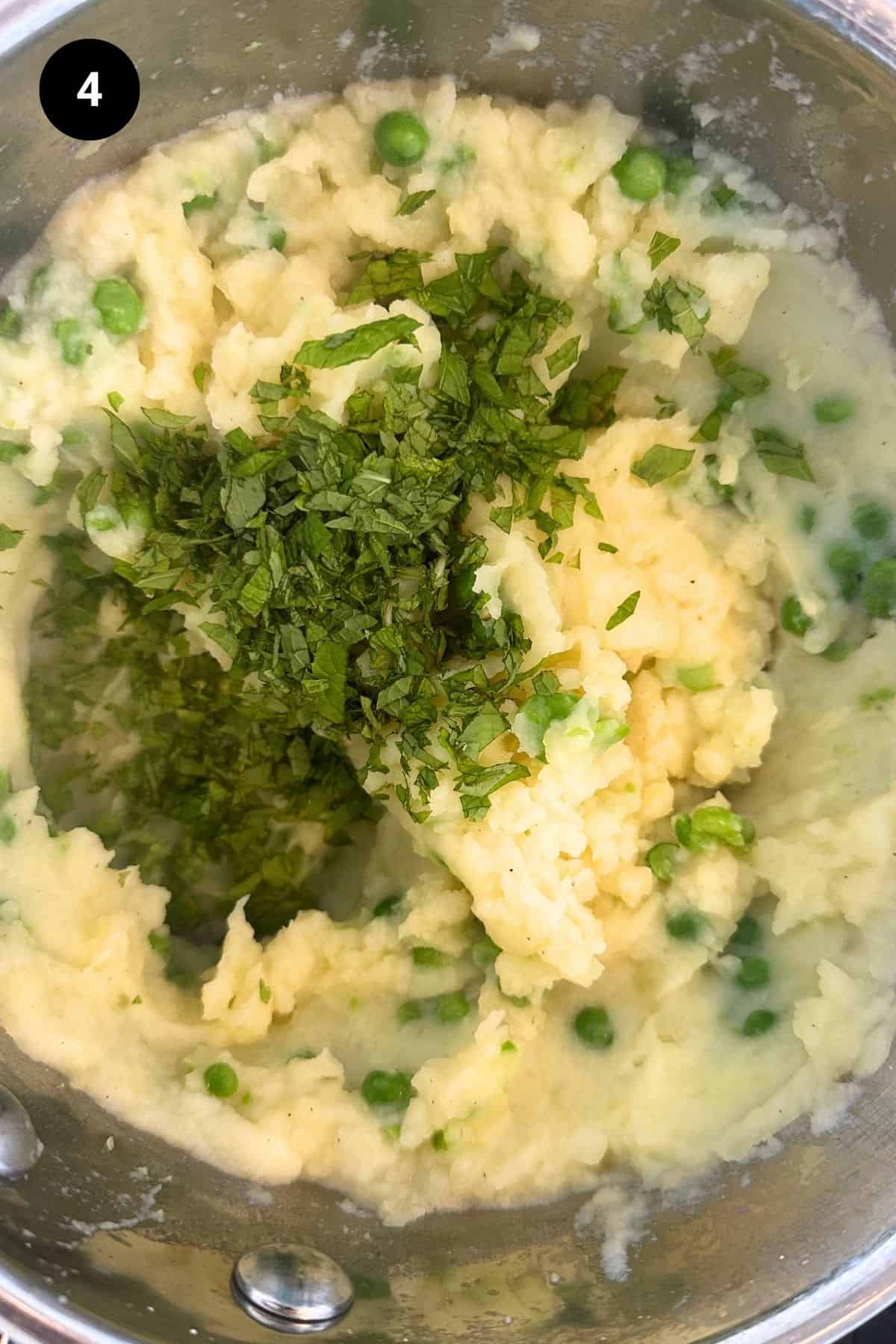 Fresh mint, salt, and pepper added to mashed potatoes and peas.