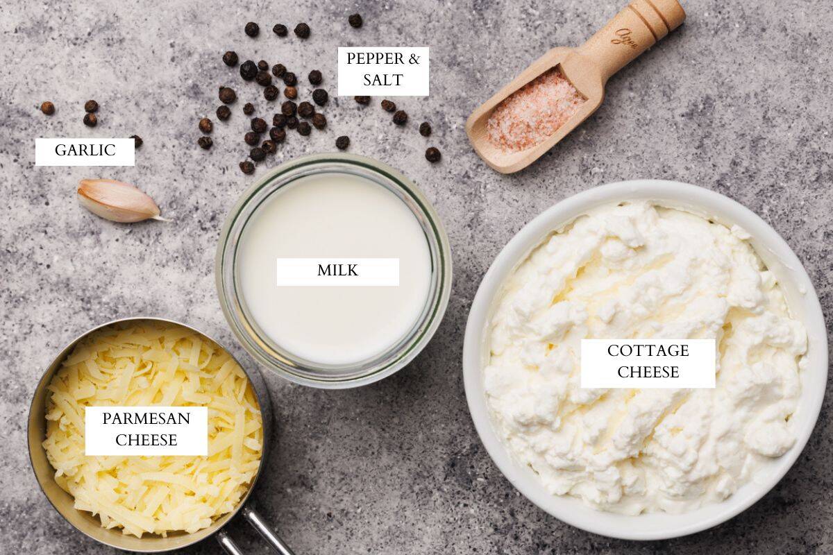 Ingredients laid out to make cottage cheese Alfredo sauce.