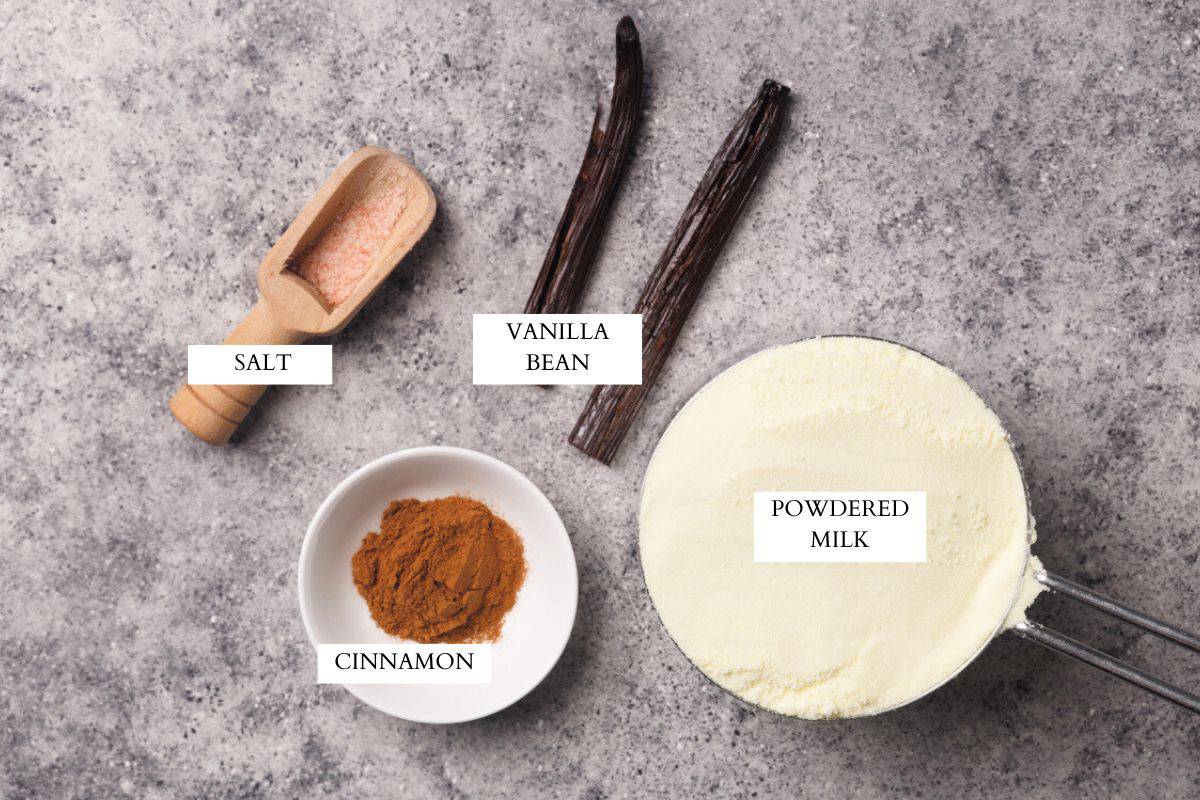 Ingredients laid out to make powdered coffee creamer.