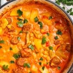 Chorizo and chickpea stew in a Dutch oven.
