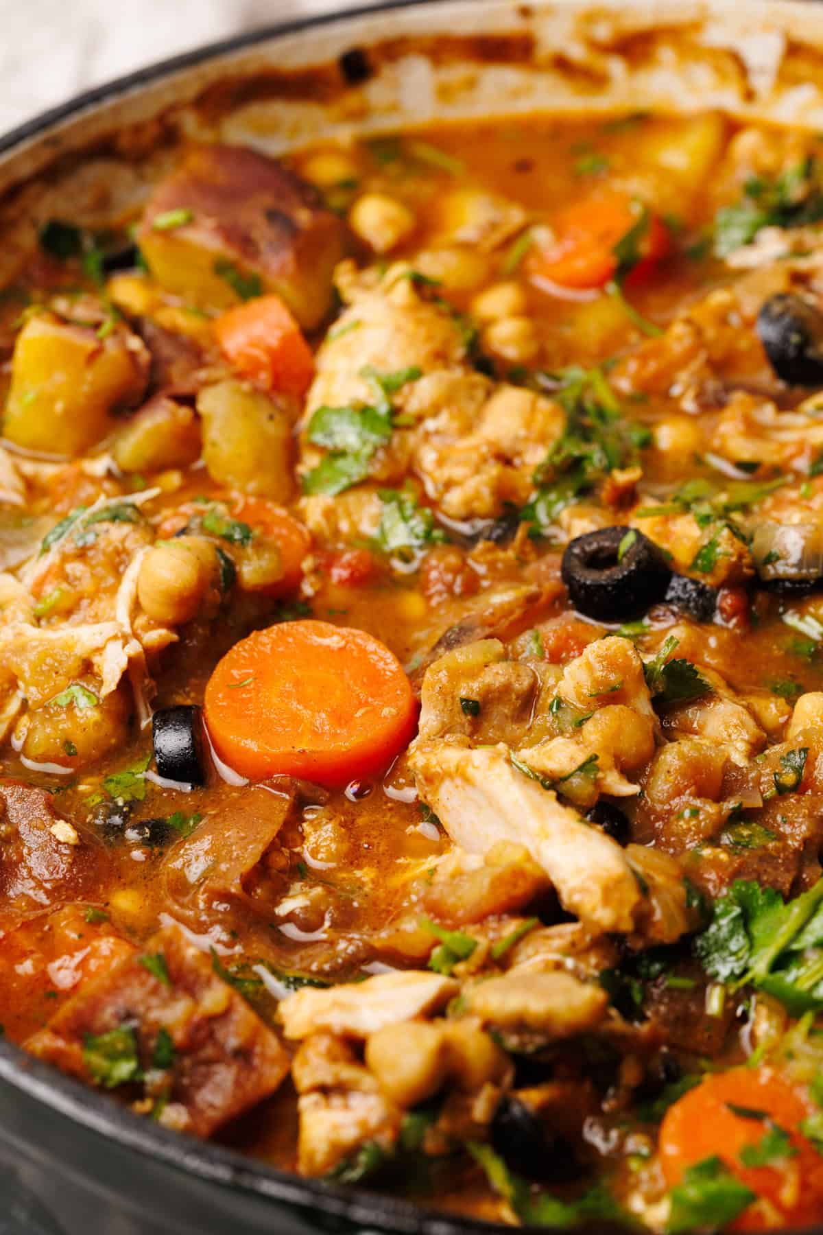 Moroccan chicken stew close-up.