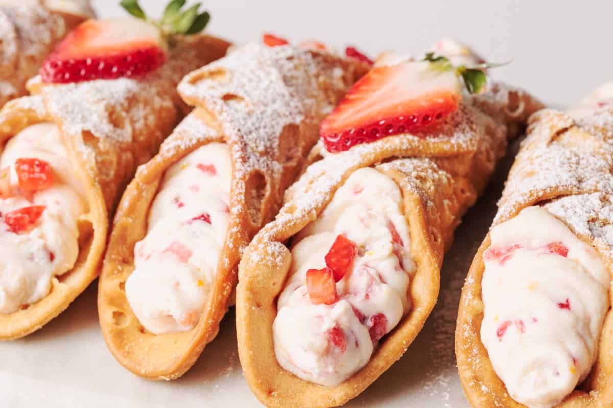 Strawberry Cannoli on a marble platter.