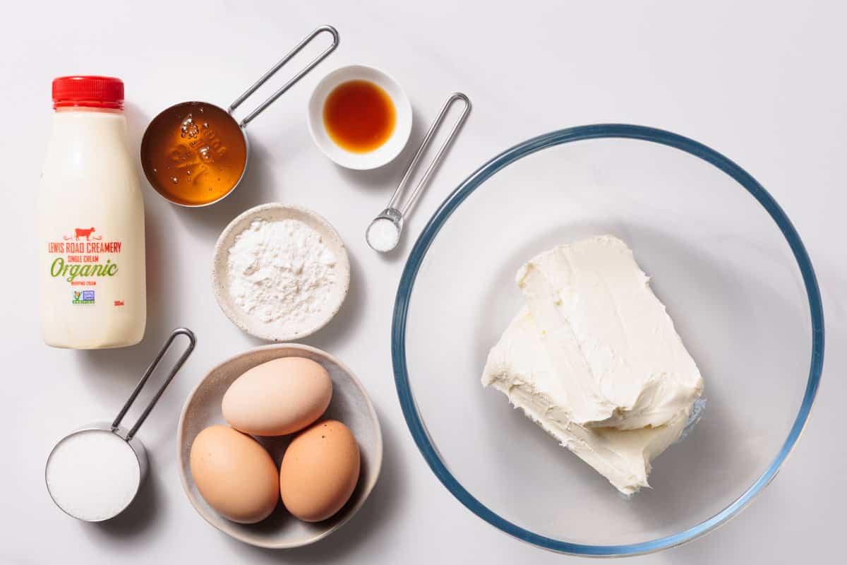 Ingredients laid out to make honey basque cheesecake.