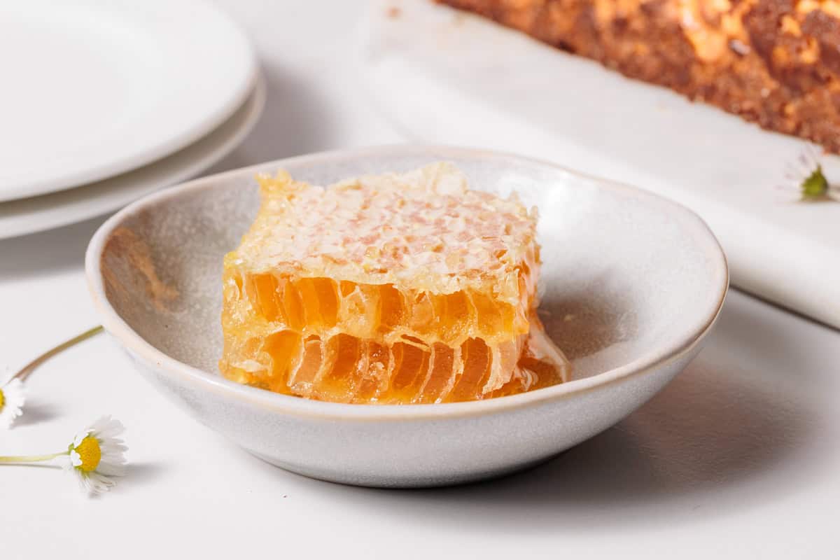 Honeycomb piece in a grey dish.